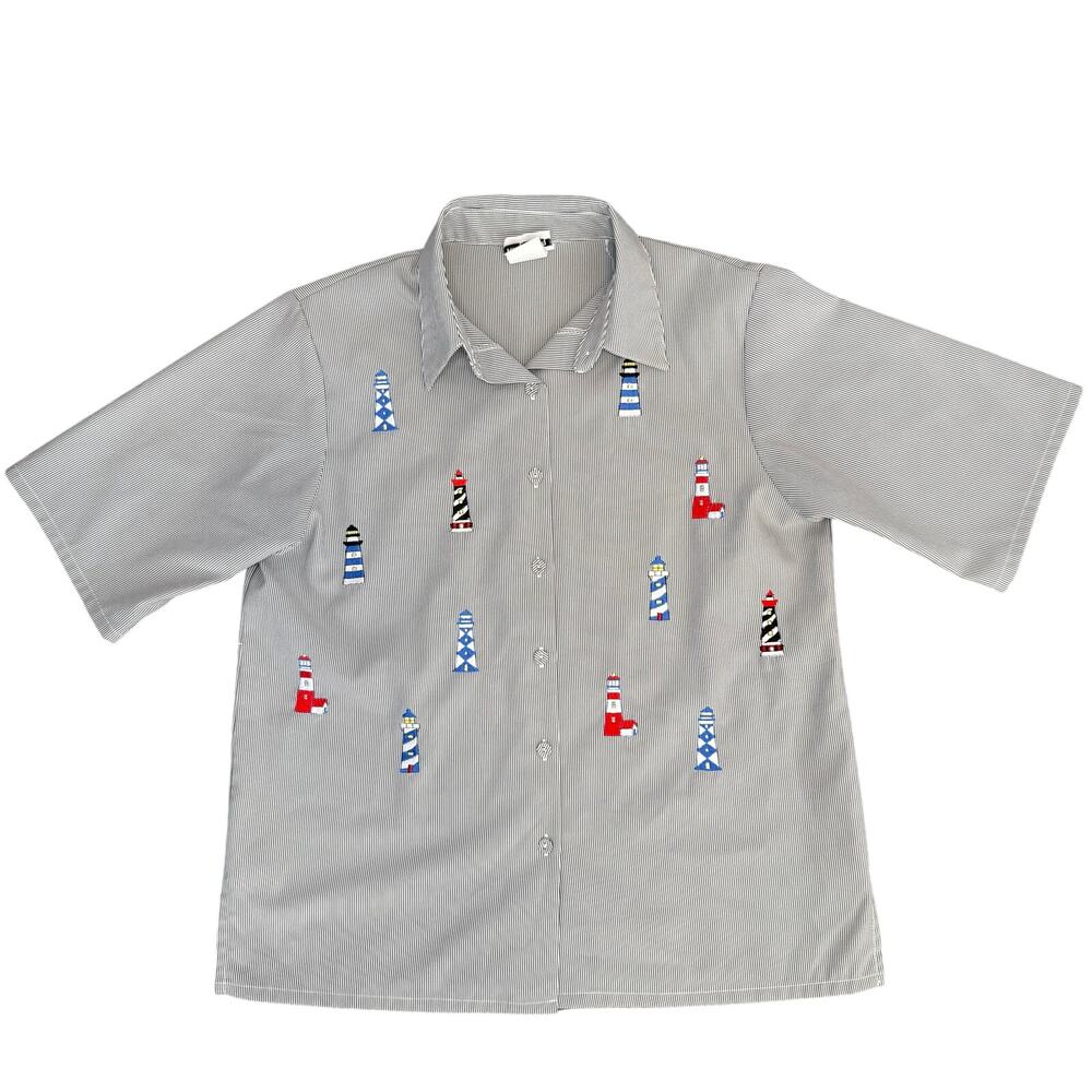 BonWorth sz MEDIUM vintage embroidered lighthouse striped button up shirt
